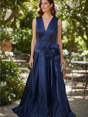 V-Neck Royal Blue Mother-Of-The-Bride or Gala Dress Waist Bow Detail